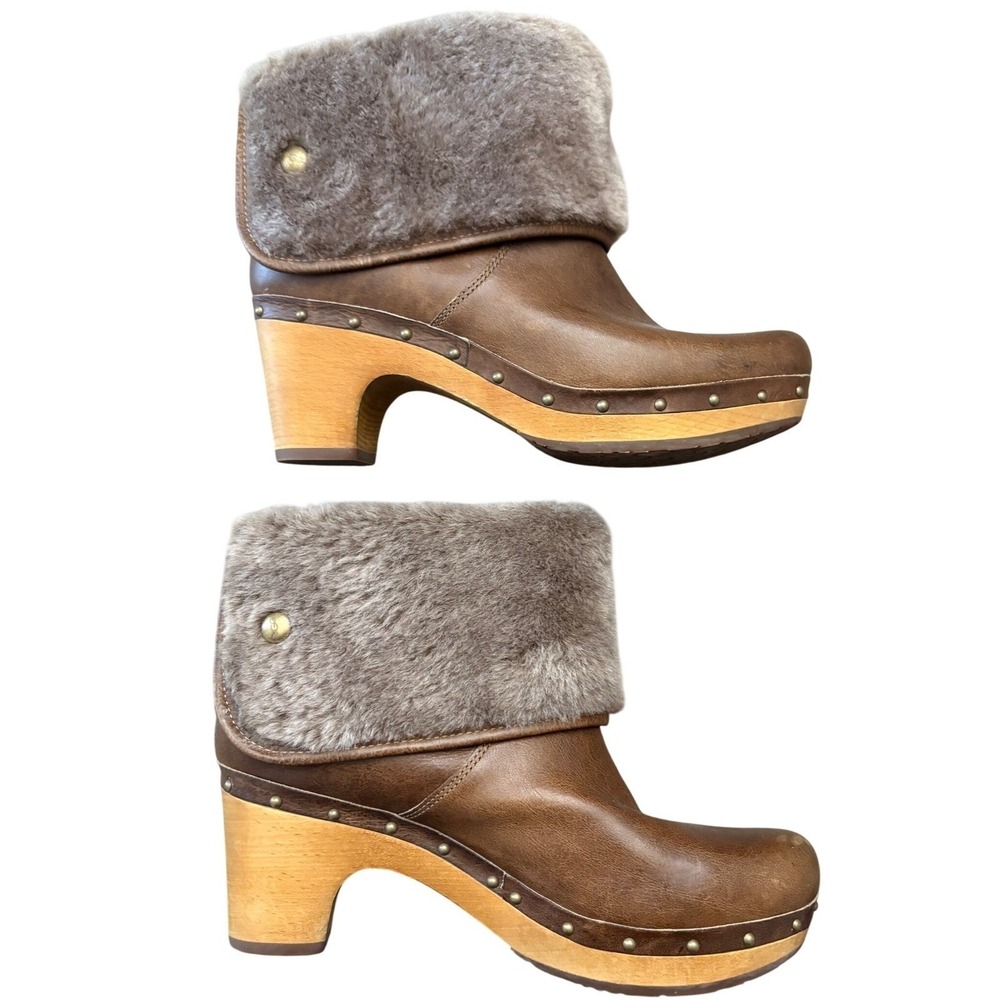 UGG Australia Leather Clog Boots Wood Heel Fur Cuff Brown Ankle Booties Sz 9